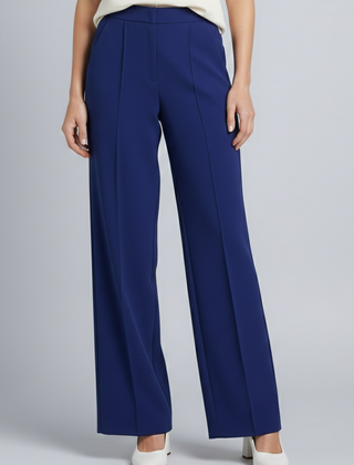 Navy blue women's palazzo trousers with high waist and pleats, stylish and comfortable from THE WHITMORE FAMILY.