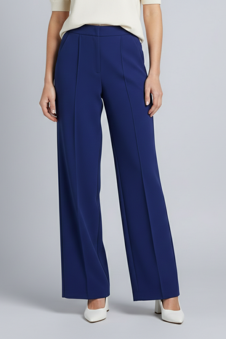 Navy blue women's palazzo trousers with high waist and pleats, stylish and comfortable from THE WHITMORE FAMILY.