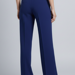 Navy blue women’s palazzo trousers with high waist and pleats, available from THE WHITMORE FAMILY.