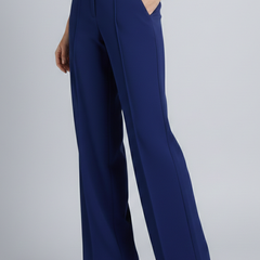 Navy blue women’s palazzo trousers with high waist and pleats from THE WHITMORE FAMILY, featuring a wide-leg design.