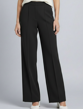 Navy blue women's palazzo trousers with high waist and pleats by THE WHITMORE FAMILY, styled for a relaxed, elegant look.