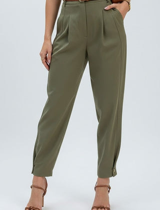 Olive green women's trousers with high waist by THE WHITMORE FAMILY, featuring a stylish and comfortable fit.