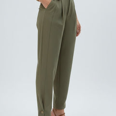 Olive green women's trousers with high waist from THE WHITMORE FAMILY, showcasing a stylish, fitted design and tailored fit.