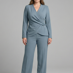Women’s two-piece set with a wrap top and cropped trousers from THE WHITMORE FAMILY, styled for casual or office wear.