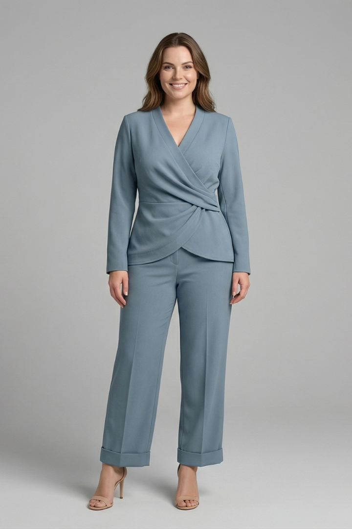 Women’s two-piece set with a wrap top and cropped trousers from THE WHITMORE FAMILY, styled for casual or office wear.