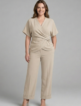 Women’s two piece set with wrap top and cropped trousers from THE WHITMORE FAMILY, featuring stylish, comfortable fashion for women.