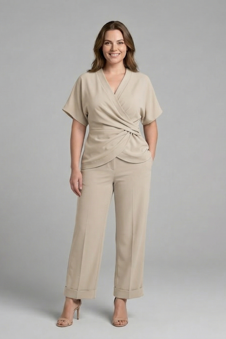 Women’s two piece set with wrap top and cropped trousers from THE WHITMORE FAMILY, featuring stylish, comfortable fashion for women.