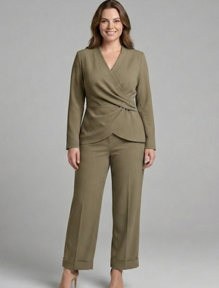 Women’s two-piece set with wrap top and cropped trousers by THE WHITMORE FAMILY, stylish and comfortable for casual wear.