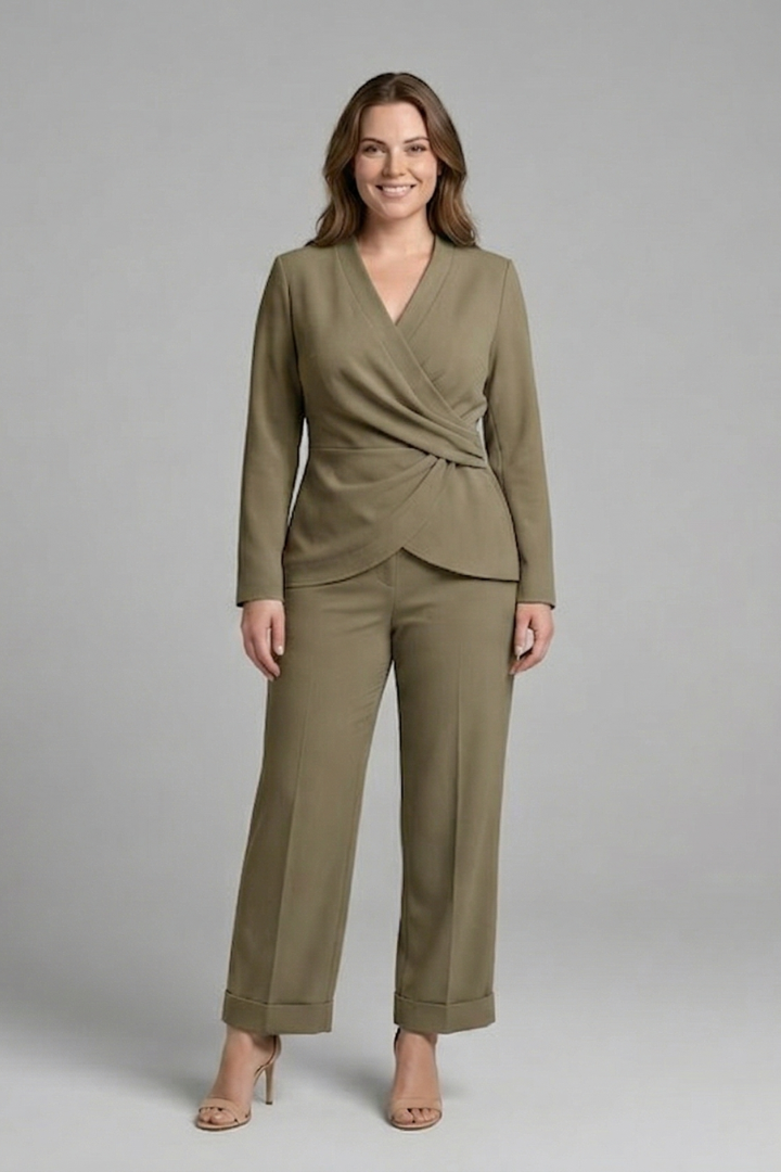 Women’s two-piece set with wrap top and cropped trousers by THE WHITMORE FAMILY, stylish and comfortable for casual wear.