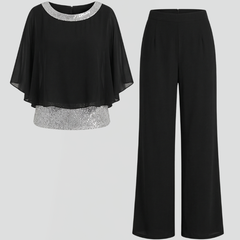 Women’s two-piece set with embellished neckline and wide-leg trousers, stylish and comfortable outfit from THE WHITMORE FAMILY.
