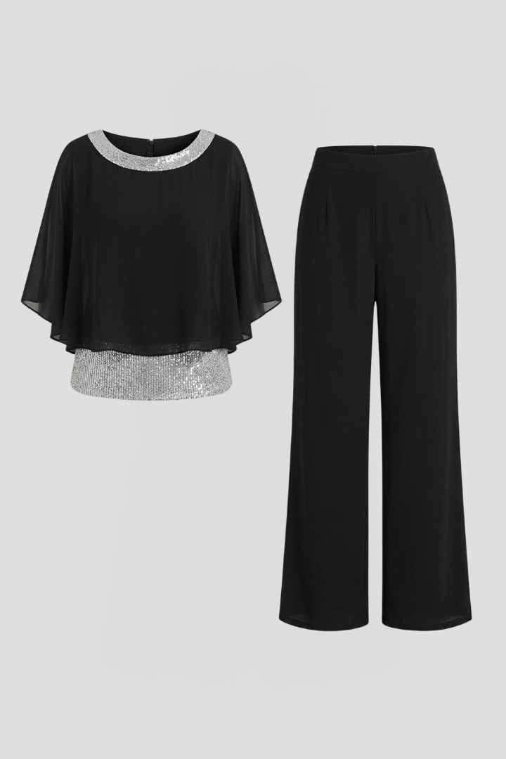 Women’s two-piece set with embellished neckline and wide-leg trousers, stylish and comfortable outfit from THE WHITMORE FAMILY.