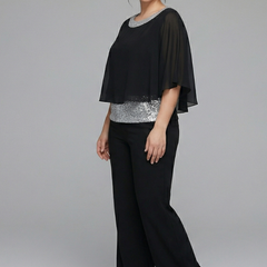 Women’s black two-piece set with embellished neckline and wide-leg trousers from THE WHITMORE FAMILY.