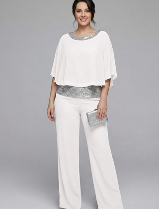 Women's two-piece set with embellished neckline and wide-leg trousers from THE WHITMORE FAMILY, stylish and elegant outfit.