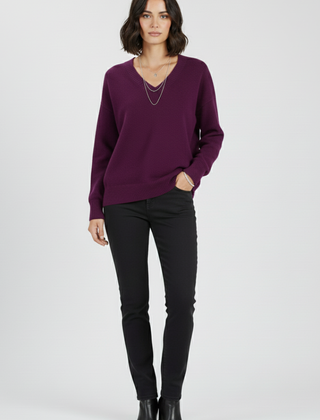 Women’s V-neck sweater with long sleeves and pullover design by THE WHITMORE FAMILY, shown in a cozy knit style.