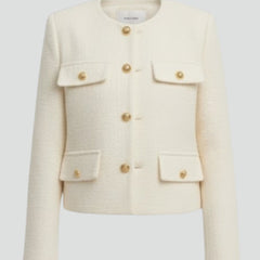Black women’s cropped jacket with button front, from THE WHITMORE FAMILY, featuring a stylish and fitted design.