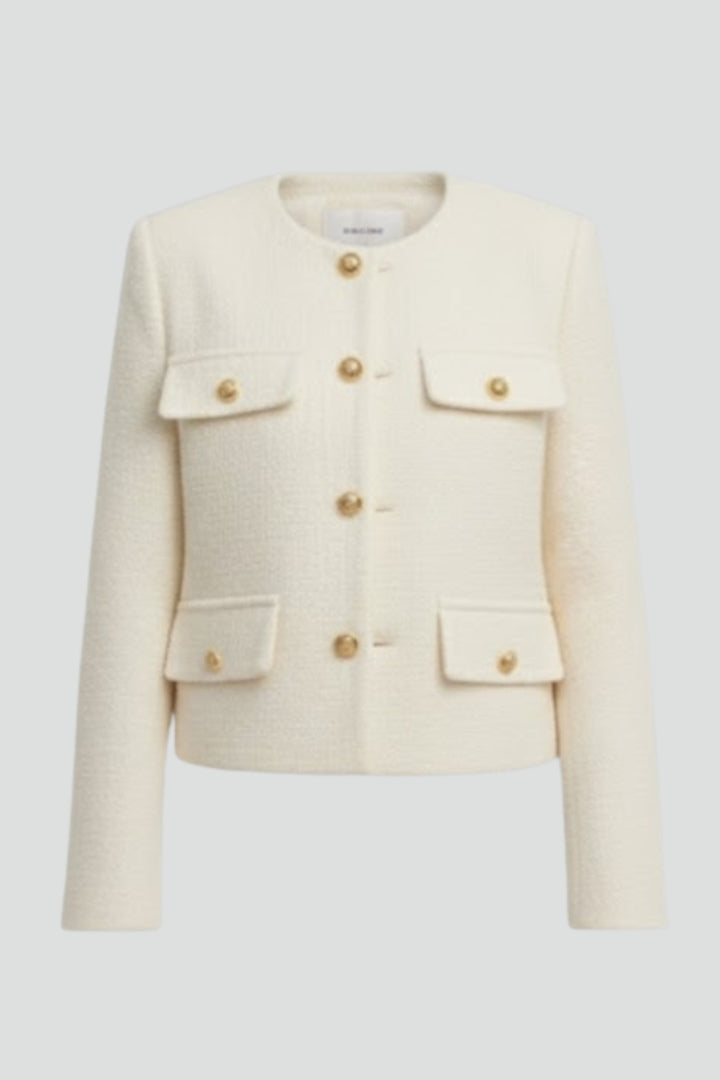 Black women’s cropped jacket with button front, from THE WHITMORE FAMILY, featuring a stylish and fitted design.