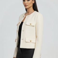 Black women’s cropped jacket with button front from THE WHITMORE FAMILY, stylish and lightweight for casual wear.