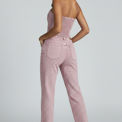Glittering women's strapless top with high-waisted trousers set, black denim style, by THE WHITMORE FAMILY.