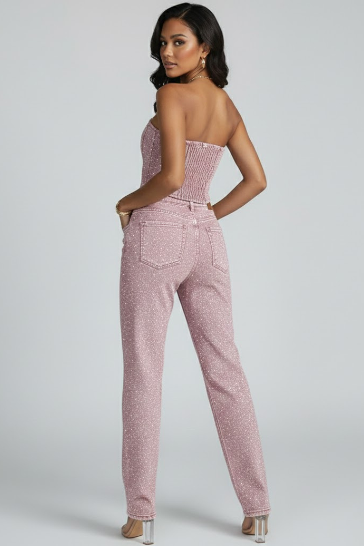 Glittering women's strapless top with high-waisted trousers set, black denim style, by THE WHITMORE FAMILY.