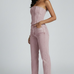 Women’s black glittering strapless top and high-waisted trousers set by THE WHITMORE FAMILY, featuring stylish, fitted design.