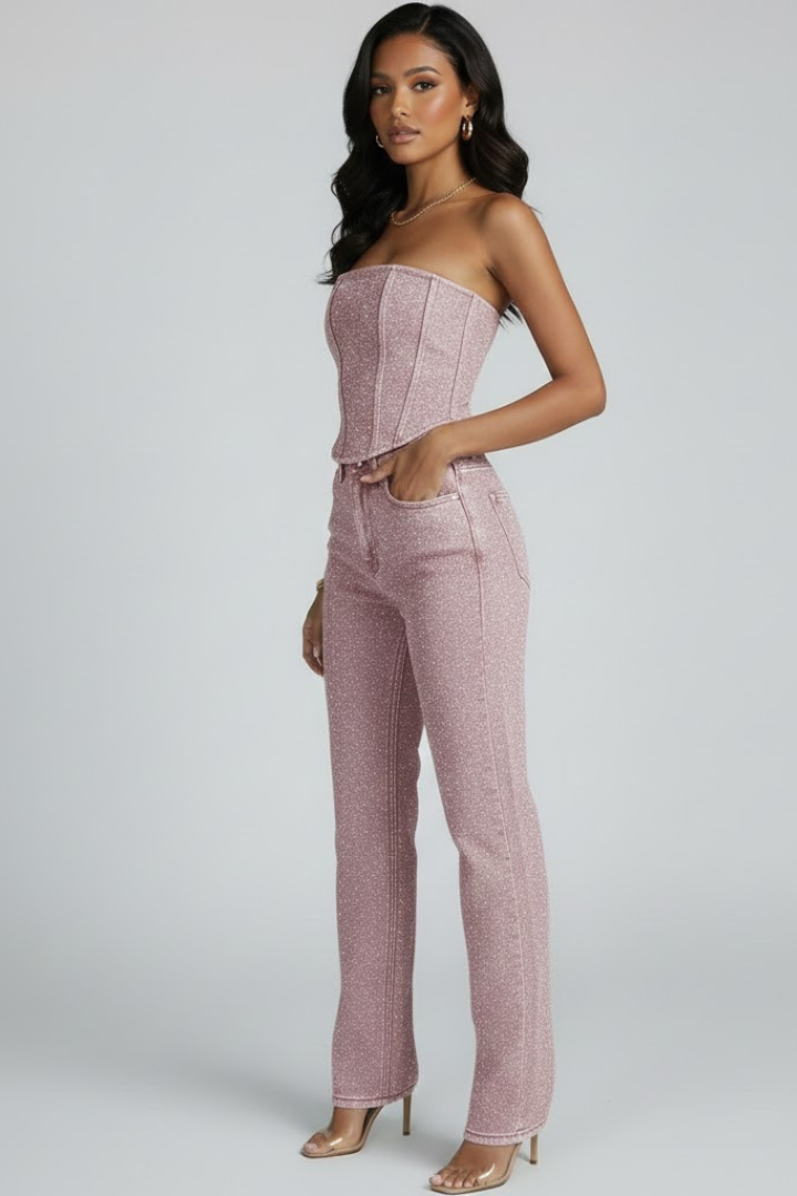 Women’s black glittering strapless top and high-waisted trousers set by THE WHITMORE FAMILY, featuring stylish, fitted design.
