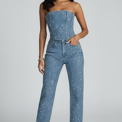 Women’s black high-waisted trousers and strapless top set by THE WHITMORE FAMILY, featuring a glittering, stylish women’s set.