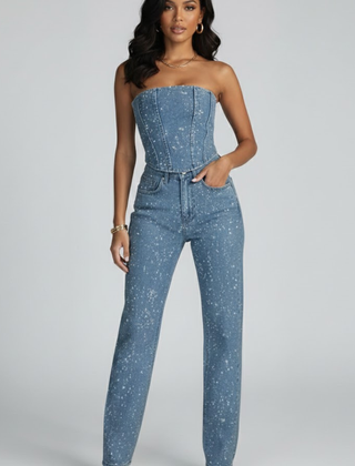 Women’s black high-waisted trousers and strapless top set by THE WHITMORE FAMILY, featuring a glittering, stylish women’s set.