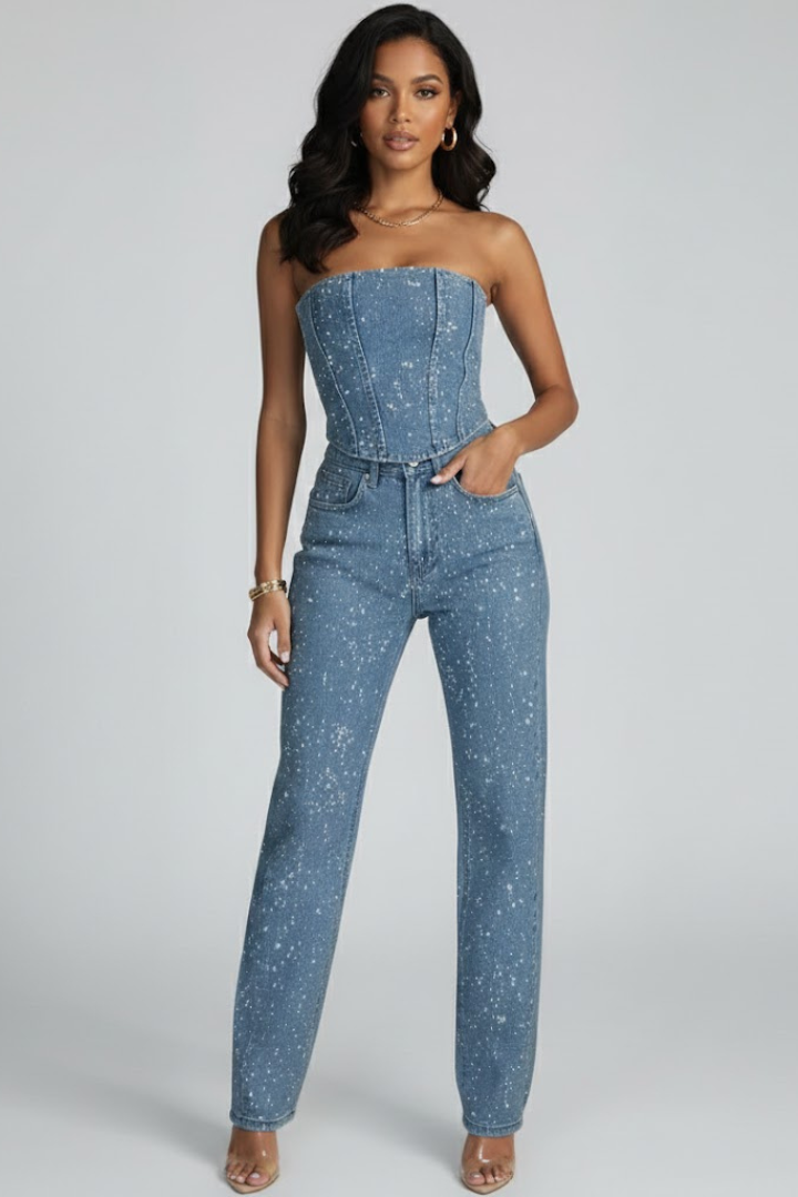Women’s black high-waisted trousers and strapless top set by THE WHITMORE FAMILY, featuring a glittering, stylish women’s set.