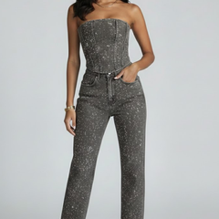 Glittering women's strapless top and high-waisted trousers set by THE WHITMORE FAMILY, featuring a stylish black design.