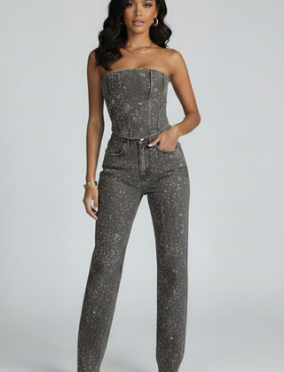 Glittering women's strapless top and high-waisted trousers set by THE WHITMORE FAMILY, featuring a stylish black design.