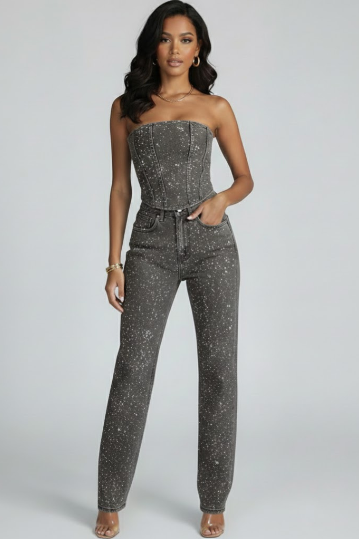 Glittering women's strapless top and high-waisted trousers set by THE WHITMORE FAMILY, featuring a stylish black design.