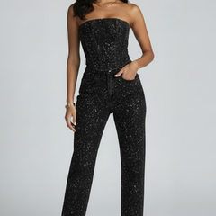 Women's strapless top and high-waisted trousers set by THE WHITMORE FAMILY, featuring black glittering fabric and stylish high waist design.
