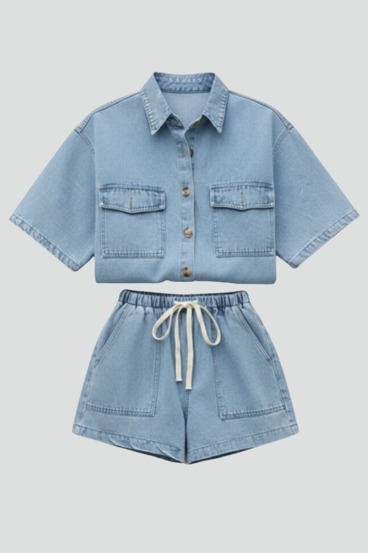 Women’s denim set by THE WHITMORE FAMILY featuring a short-sleeve shirt jacket and matching shorts in subtle blue denim.