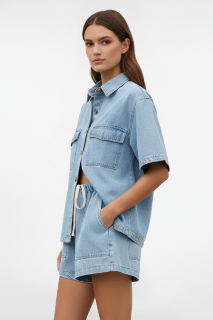 Women’s denim set by THE WHITMORE FAMILY featuring a short-sleeve shirt jacket and matching shorts, in subtle blue denim.