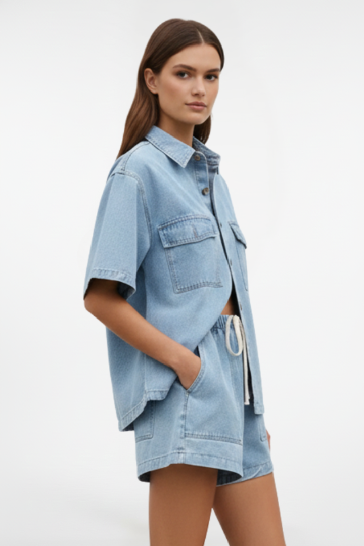 Women’s denim set by THE WHITMORE FAMILY featuring a short-sleeve shirt jacket and matching shorts in subtle blue.