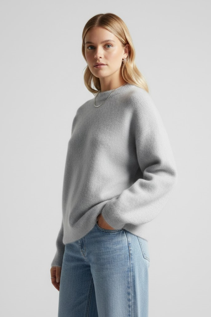 Women’s oversized knitted sweater with round neckline and dropped shoulders, from THE WHITMORE FAMILY. Soft, cozy knitwear.