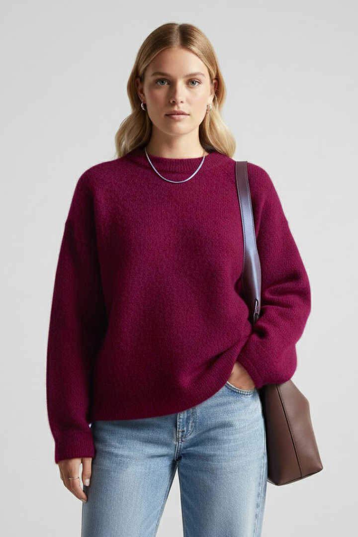 Women’s oversized knitted sweater with round neckline and dropped shoulders, by THE WHITMORE FAMILY, showcasing soft, cozy knit fabric.