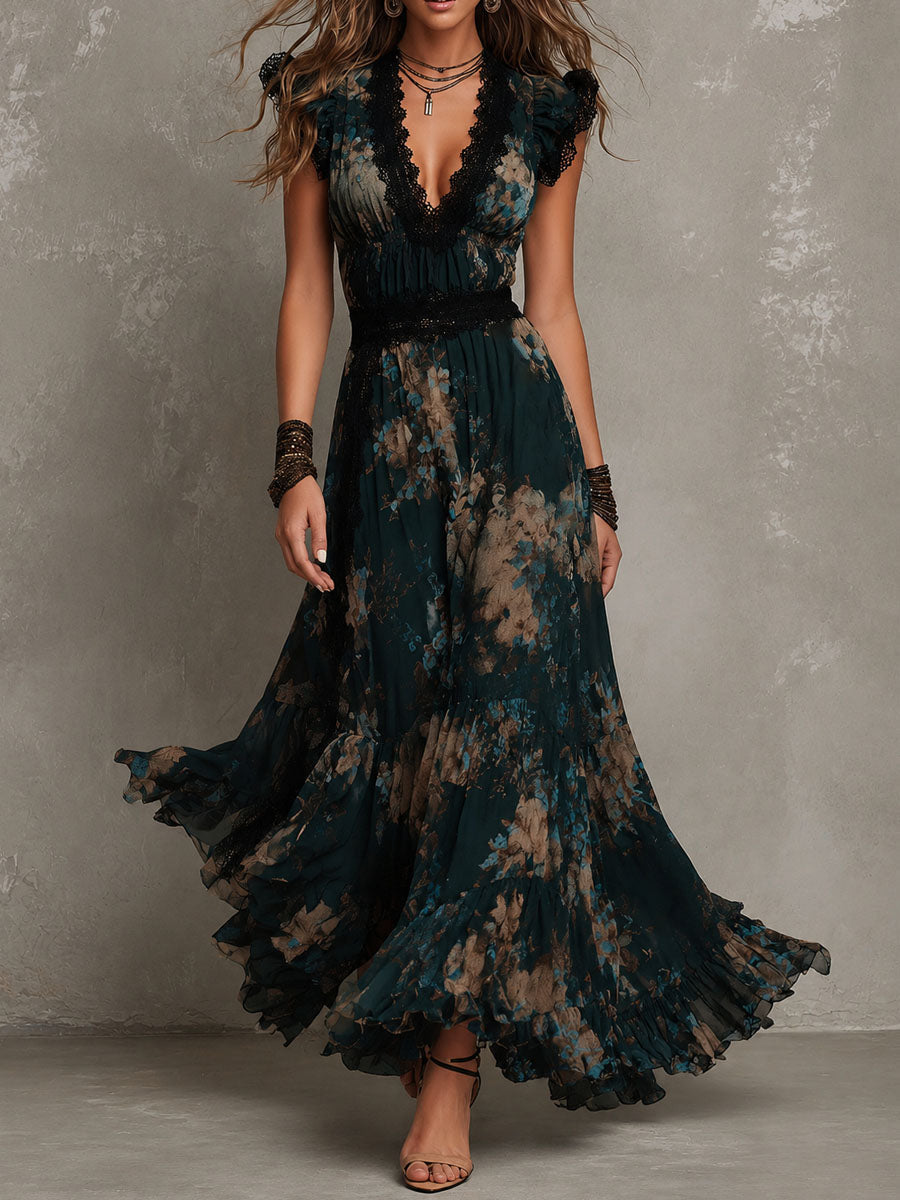 Gillian™ maxi dress by THE WHITMORE FAMILY in XS, flowing fabric, floral pattern, sleeveless design, and ankle-length silhouette.
