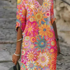Nira vibrant floral midi dress by THE WHITMORE FAMILY, shown in yellow with a flowing silhouette and colorful floral pattern.