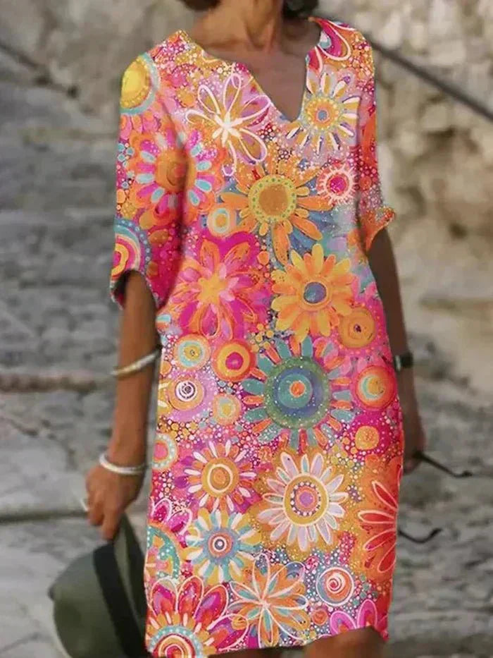 Nira vibrant floral midi dress by THE WHITMORE FAMILY, shown in yellow with a flowing silhouette and colorful floral pattern.