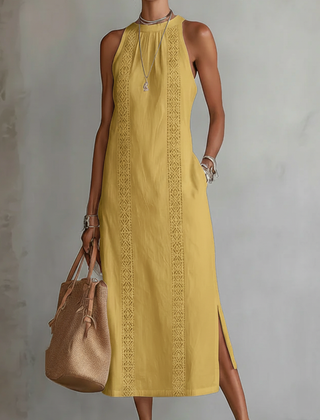 Yellow sleeveless midi dress with lace details by THE WHITMORE FAMILY, featuring a fitted bodice and flowing skirt.