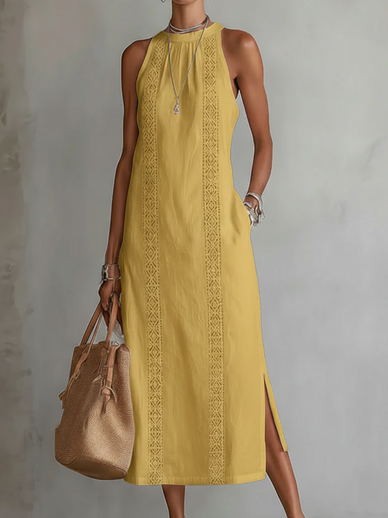 Yellow sleeveless midi dress with lace details by THE WHITMORE FAMILY, featuring a fitted bodice and flowing skirt.