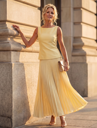 Yellow structured bodice and pleated skirt set by THE WHITMORE FAMILY, featuring a stylish, coordinated fashion ensemble.