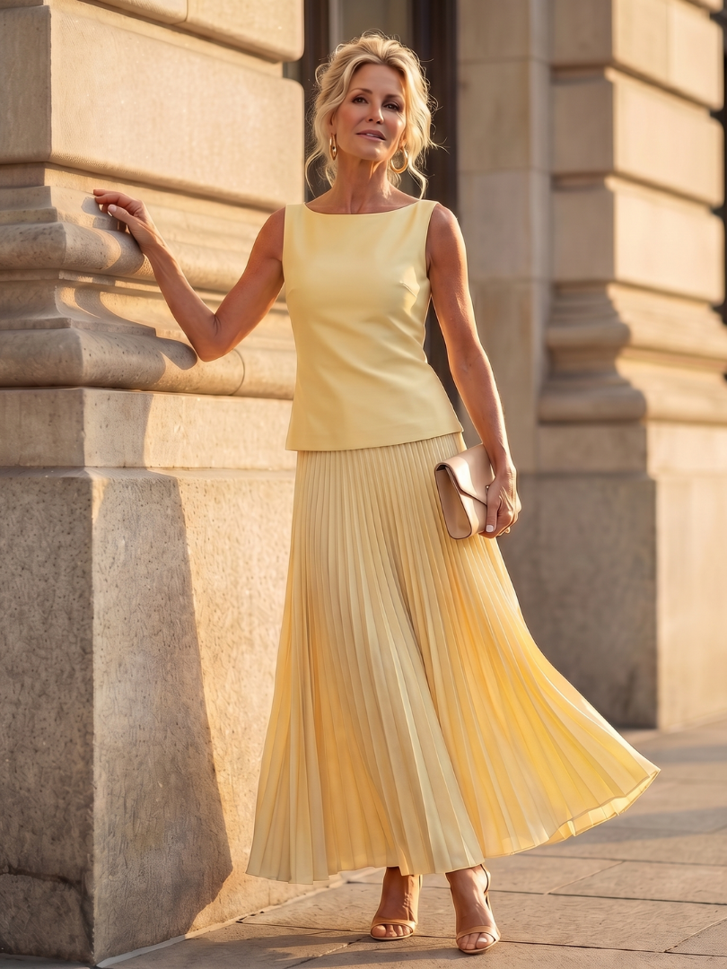 Yellow structured bodice and pleated skirt set by THE WHITMORE FAMILY, featuring a stylish, coordinated fashion ensemble.