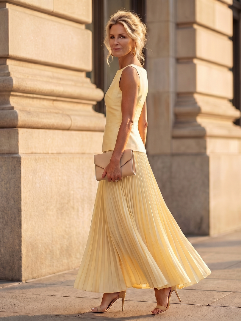 Yellow Rhodes structured bodice and pleated skirt set by THE WHITMORE FAMILY, featuring a fitted top and flowing pleated skirt.