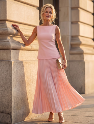 Yellow Rhodes structured bodice and pleated skirt set by THE WHITMORE FAMILY, featuring a fitted bodice and flowing pleated skirt.