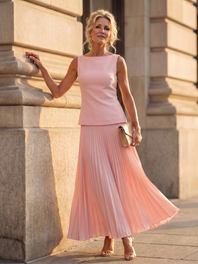 Yellow Rhodes structured bodice and pleated skirt set by THE WHITMORE FAMILY, featuring a fitted bodice and flowing pleated skirt.