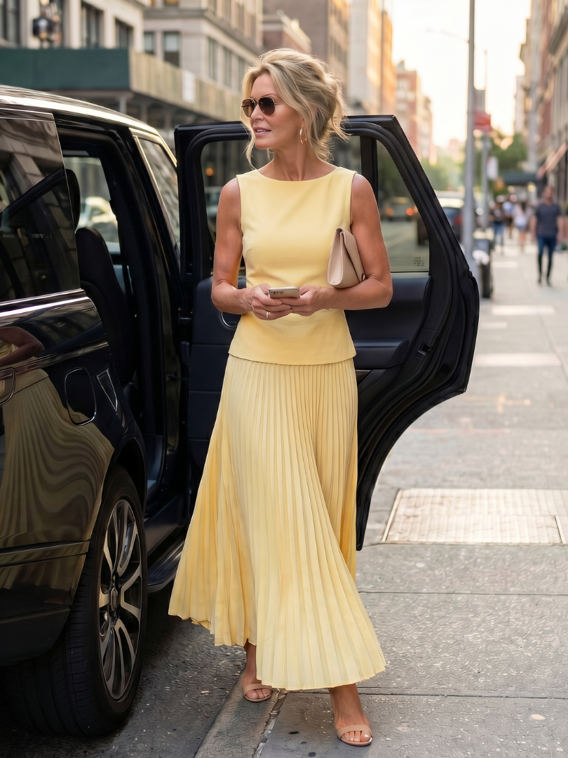 Yellow Rhodes structured bodice pleated skirt set by THE WHITMORE FAMILY, featuring a fitted top and matching high-waisted skirt.