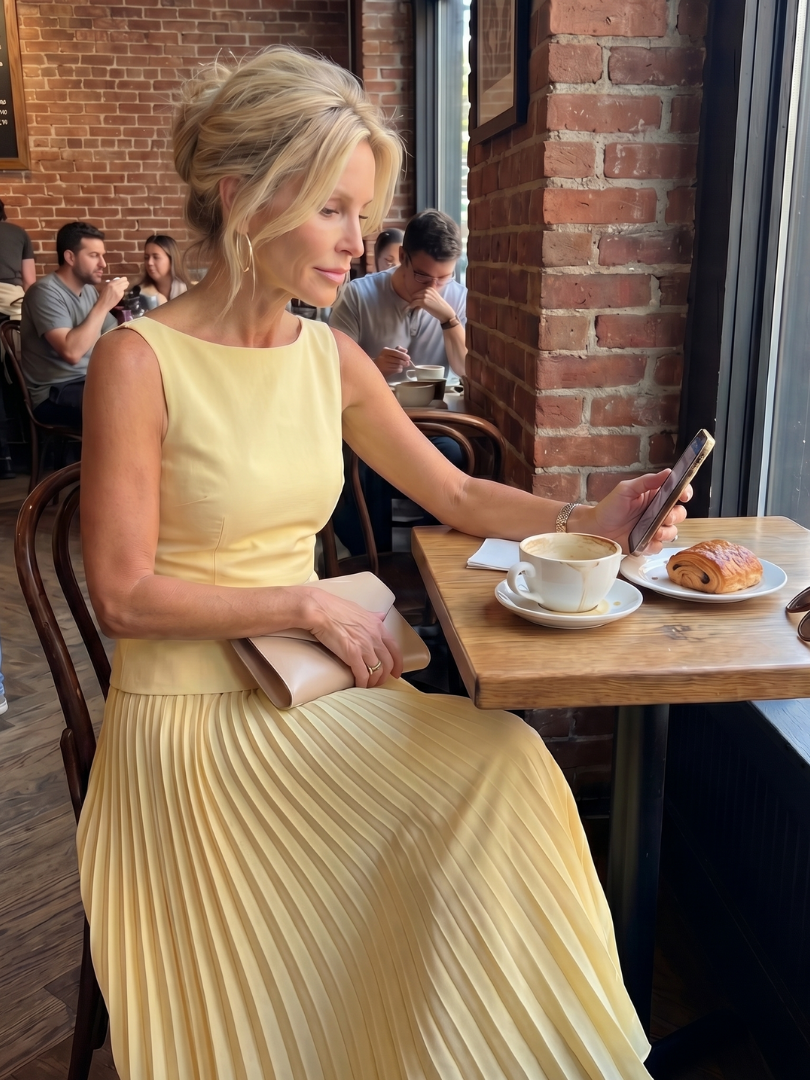 Yellow Rhodes structured bodice and pleated skirt set by THE WHITMORE FAMILY, featuring a fitted bodice and flowing pleated skirt.