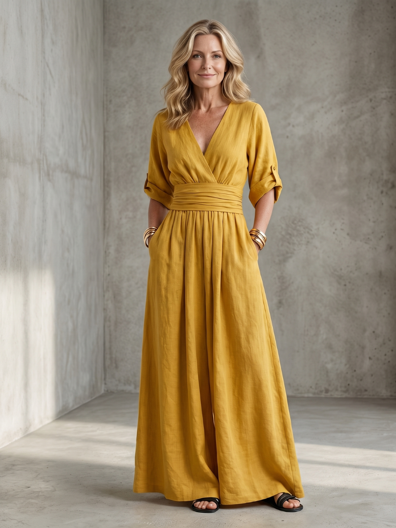Yellow Wanda cross front wide leg jumpsuit by THE WHITMORE FAMILY, featuring a stylish front cross design and wide leg silhouette.